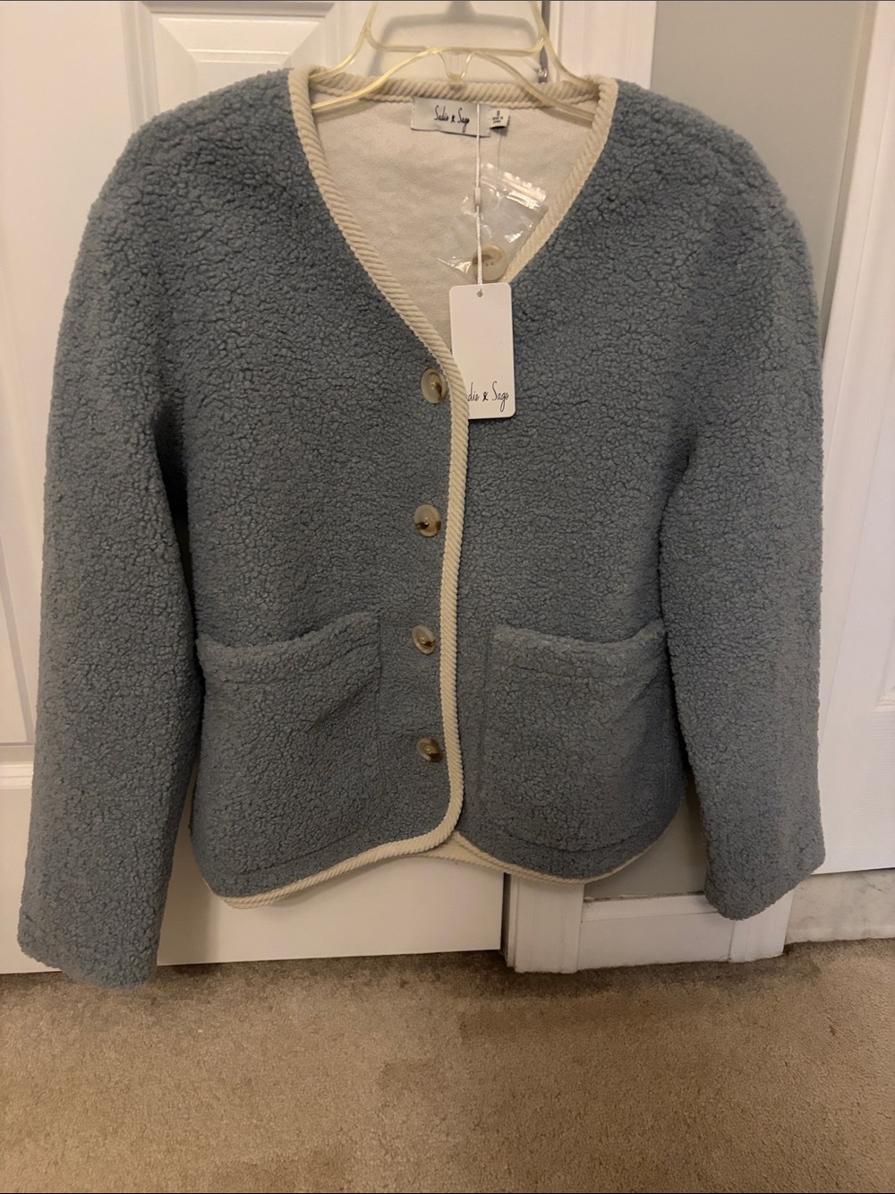 Sadie & Sage Dusty Blue Teddy Jacket with Cream Trim